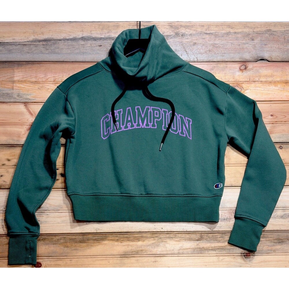 Champion Cropped Hoodie XS Cowl Neck Green Purple Logo Y2K Super Fleece Womens